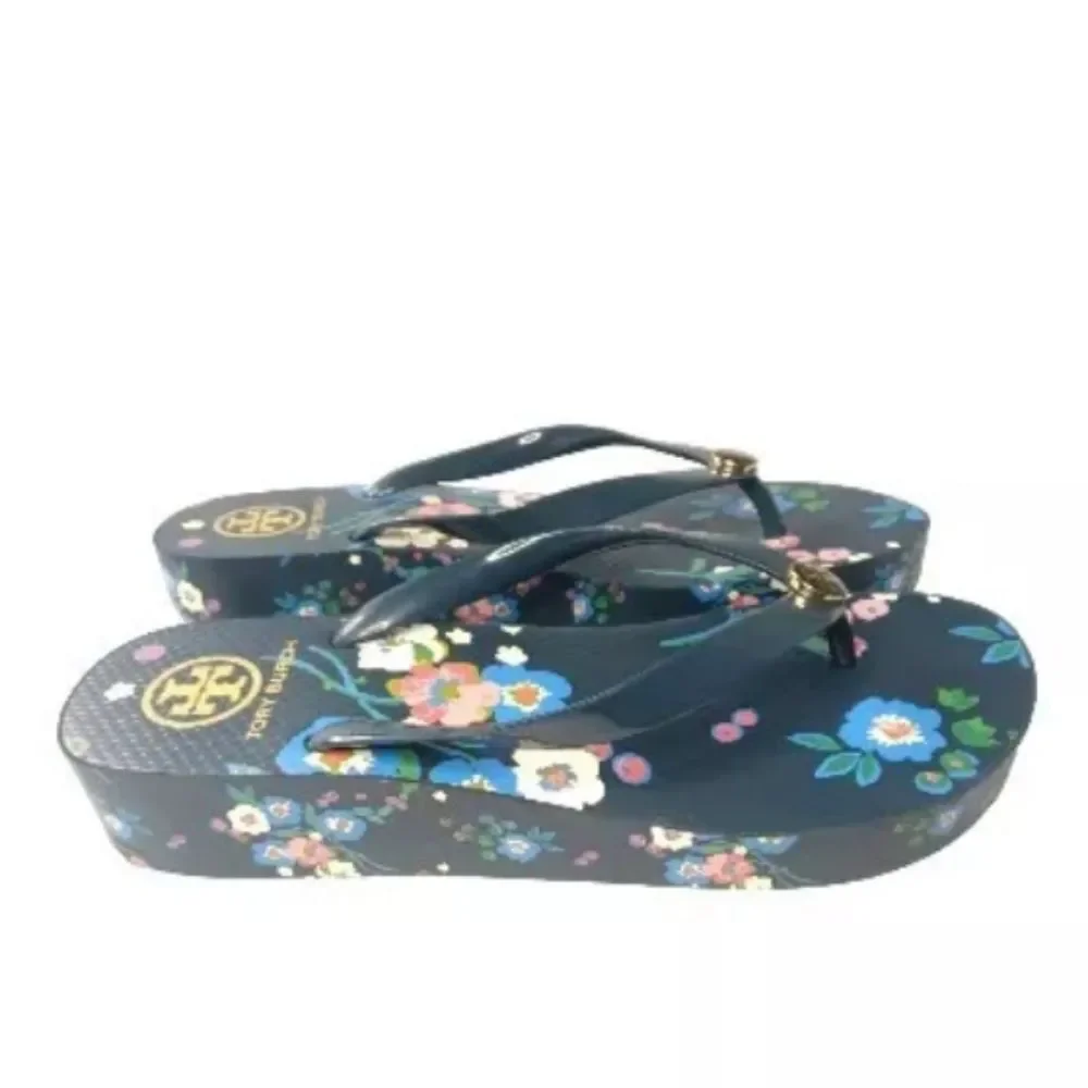 Tory Burch Floral Wedge Sandals Women's Size 8.5 Flip Flops Multicolor